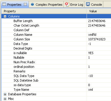 Properties tab selected for sample xmltable
